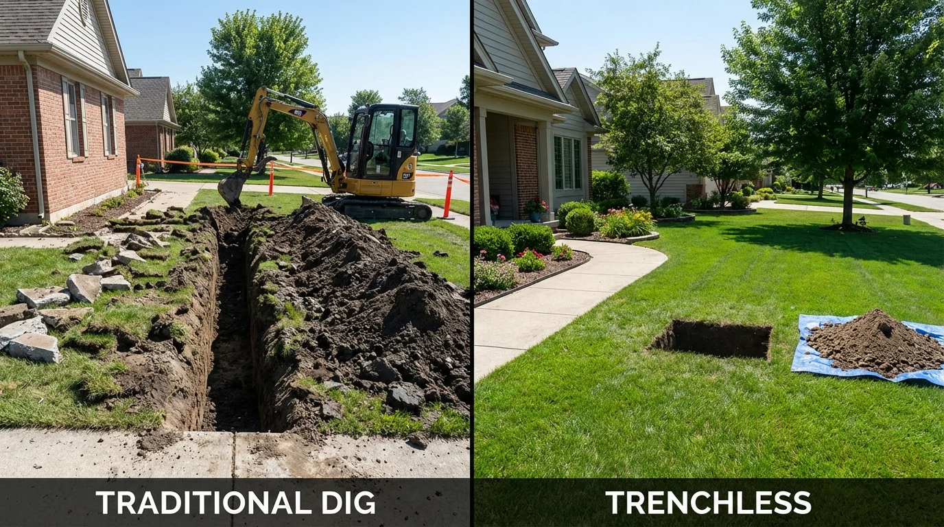 Trenchless sewer repair with minimal yard damage versus traditional excavation in Chandler, IN