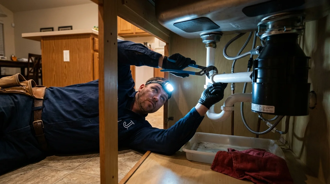 P-trap and supply line connections under a kitchen sink showing a common leak point in Chandler, IN
